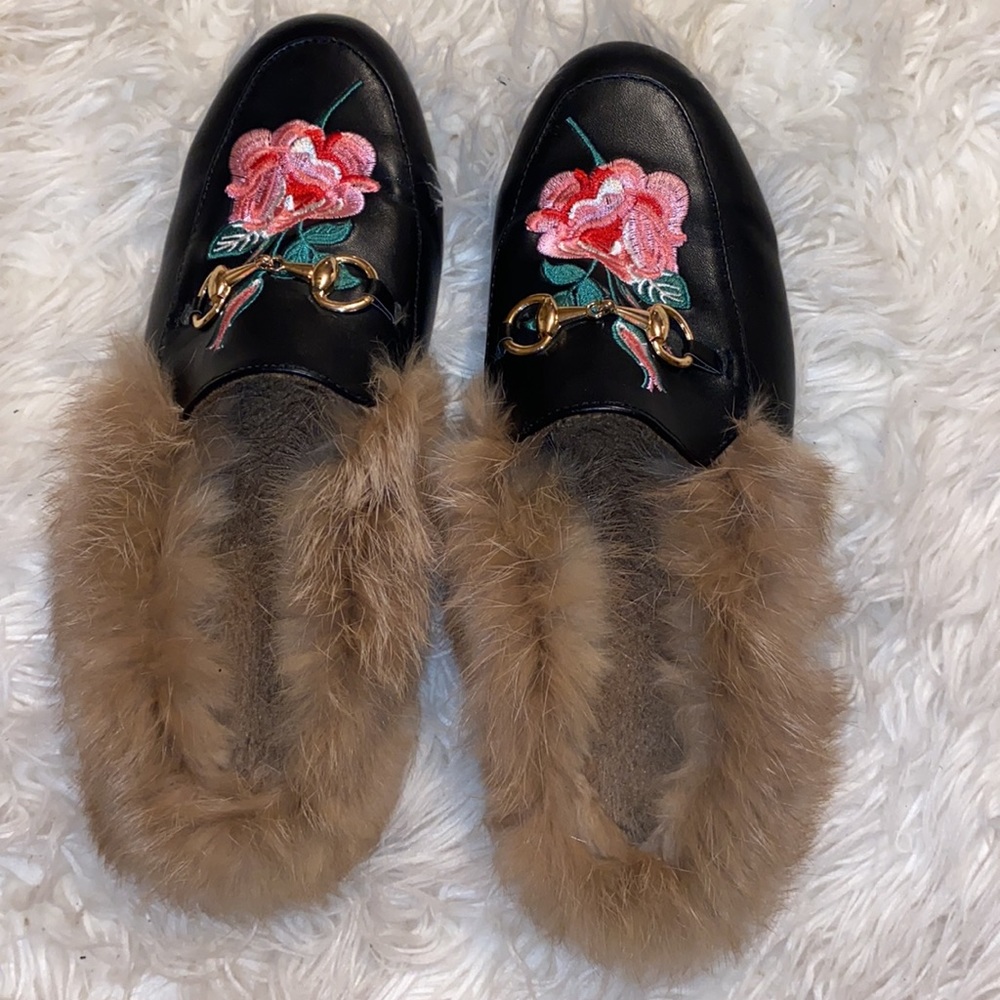 PRINCETOWN STYLE GENUINEleather floral fur line slipper - Picture 2 of 4